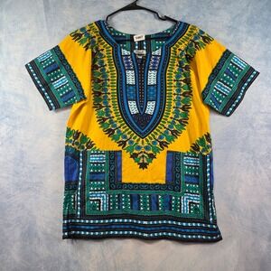 Fresca Mens Dashiki Shirt Yellow Blue African Print Cotton V-Neck Pockets Small